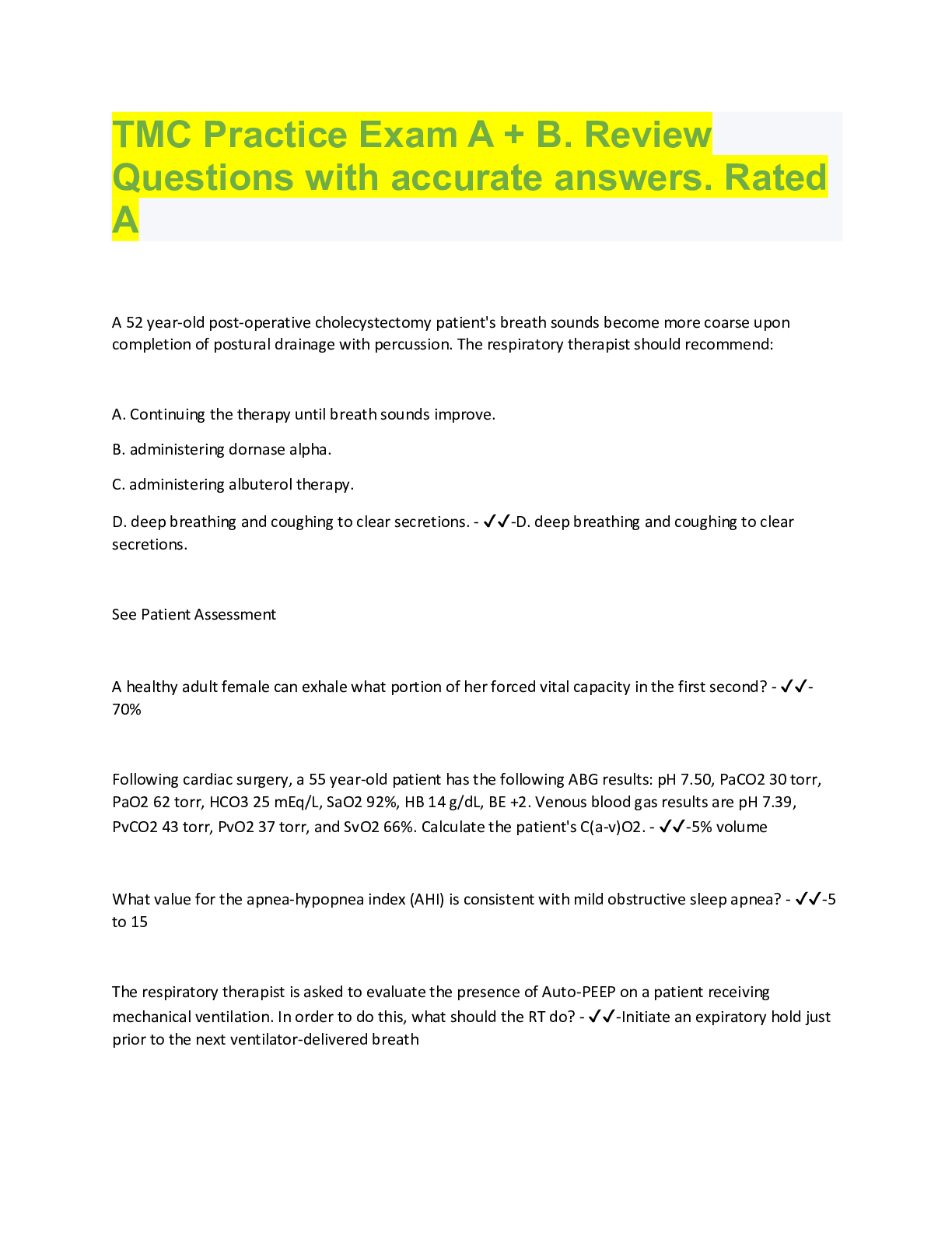 Preview image for TMC Practice Exam A + B. Review  Questions with accurate answers. Rated  A